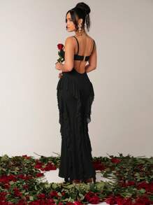 Silquee Váy xòe không tay màu đỏ viền bèo nhún kim loại điểm nhấn hoa gợi cảm thanh lịch, thích hợp cho tiệc cocktail, hẹn hò lãng mạn, váy đan lưới, tiệc tùng, tụ họp trang trọng, phù dâu, đi chơi đêm, Halloween, Giáng sinh, váy dài thêm váy dạ hội cho nữ váy thanh lịch cho nữ váy dự tiệc cho nữ váy trang trọng cho nữ váy dạ hội thanh lịch cho nữ váy trang trọng cho nữ - màu đen - Xem 2