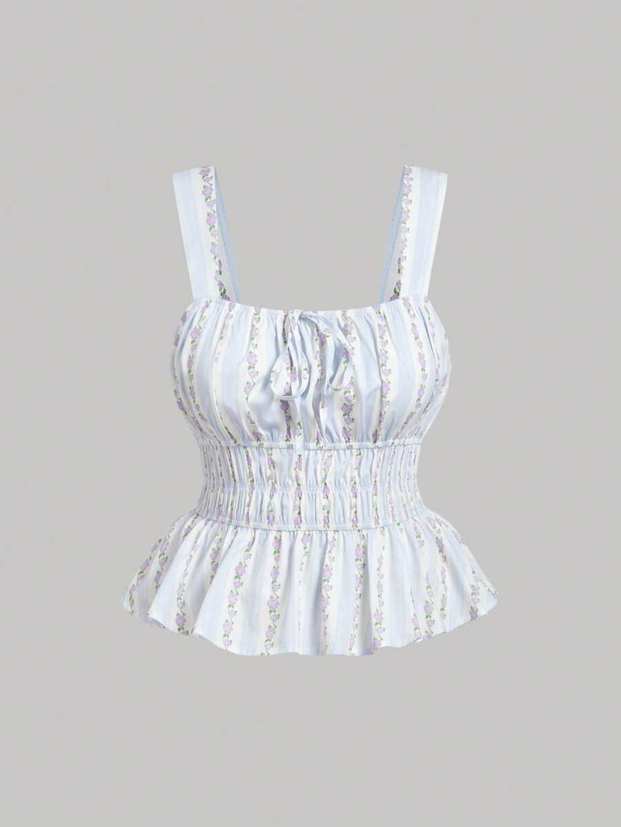 SHEIN MOD Áo không tay cổ nơ họa tiết hoa sọc lãng mạn mùa xuân cỡ lớn dành cho người có vóc dáng đầy đặn - Nhiều màu - Xem 1