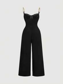 SHEIN MOD Bộ đồ liền thân ren chắp vá dây xích kim loại màu đen, cỡ lớn - màu đen - Xem 2