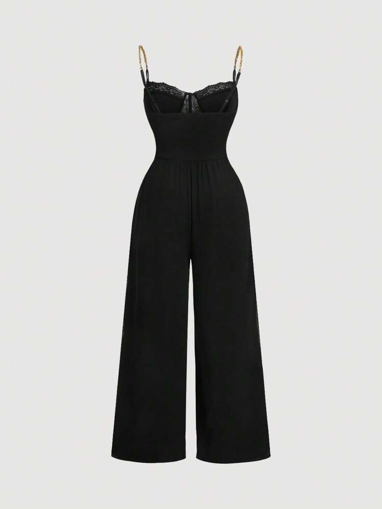 SHEIN MOD Black Metal Chain Straps Lace Patchwork Jumpsuit, Plus Size,Solid Color Lace Bustier Criss-Cross Halter Wide Leg Jumpsuit,New Year,Valentine Pants,Lace Jumpsuit,Tall Women Pants - Black - View 2