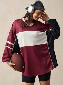 VARSITIE White & Red Stripe Patchwork Digital Print Loose Casual Sweatshirt - Multicolor - View 1