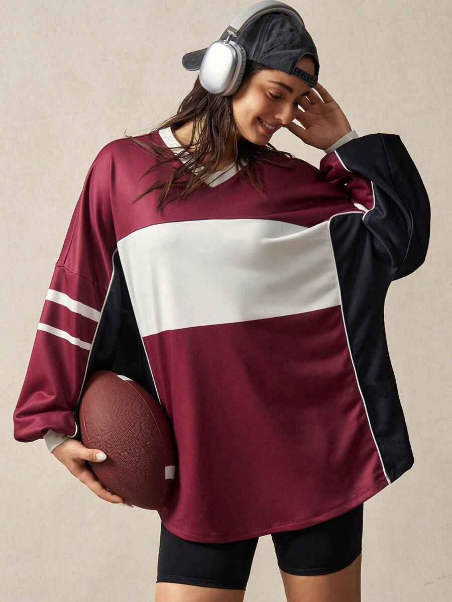 VARSITIE White & Red Stripe Patchwork Digital Print Loose Casual Sweatshirt - Multicolor - View 1