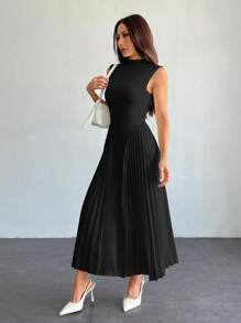 SHEIN PETITE 女士优雅褶皱紧身 A 字形连衣裙 - 黑色 - 查看 7