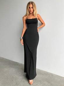 Aloruh 纯色吊带长款交叉肩带露背连衣裙夏季春装女装夏装优雅度假连衣裙女式黑色连衣裙图案女装春装舞会连衣裙复活节沙滩装夏装套装 Y2k 可爱休闲毕业礼服节日礼服碎花连衣裙舞会礼服狂欢节礼服节日俱乐部露背婚纱 - 黑色 - 查看 5