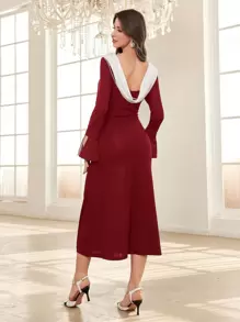 Modelyn 女士拼色露背修身迷你连衣裙长款晚礼服 - 酒紅色 - 查看 6