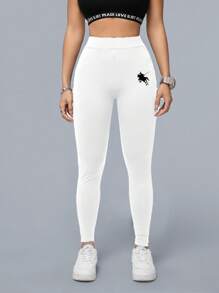 SHEIN Essnce 高腰马术运动图案女式修身踝长紧身裤，适合春夏季 - 白色 - 查看 5