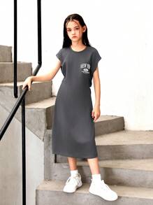 SHEIN Tween Girl 宽松休闲背印花开衩圆领落肩中长连衣裙 - 深灰色 - 查看 5