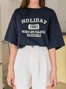 DAZY Letter Graphic Drop Shoulder Tee Summer Oversized T-Shirt - Navy Blue - View 4