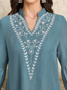 Al Najma Women's Loose Floral Embroidered V-Neck With Stand Collar Dress, Fashion And Elegant Arabic-Style,Modest - Blue - View 6