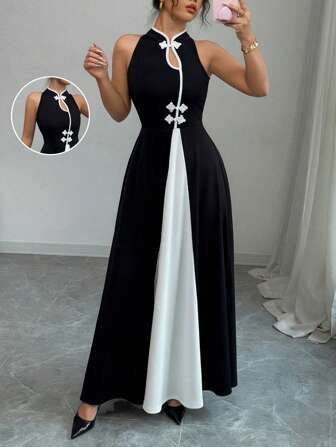 Rafferiza 优雅黑色旗袍领无袖镂空纽扣高开叉拼色长裙女式春夏