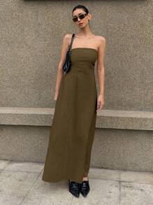 Livesso 长款无袖纯色连衣裙，优雅设计，适合度假，春夏季亚麻太阳裙