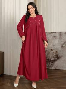 Al Najma 女式优雅长袖阿拉伯风格连衣裙，带串珠装饰，优雅 A 字型阿拉伯连衣裙，适合日常休闲