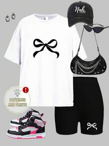 SHEIN Leap Crew Set de 2 piezas de outfit de verano para adolescentes, con blusa de manga corta de cuello redondo con estampado de moño - Multicolor - Ver 2