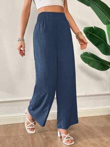 SHEIN Essnce Plus Size Women's Spring And Summer Fashion Casual Loose Super High Waist Dark Blue Wide Waist Wide Leg Pants,Women Bottom,Summer Outfits For Women,Vacation Outfits Woman,Minimalist,Baggy Pants,Curve Pants - Navy Blue - View 6