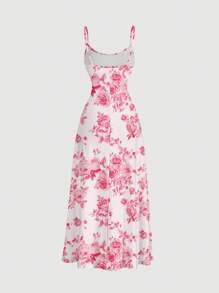 SHEIN MOD 休闲简约蓝色花卉印花腰部褶皱宽松下摆可调节肩带连衣裙，适合夏季