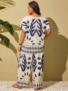 SHEIN Clasi Áo thun cổ tròn tay ngắn họa tiết hình học cỡ lớn cho nữ và quần dài trang phục mùa hè, phù hợp cho Ngày lễ Thánh Patrick, Rave, Lễ hội, Kỳ nghỉ xuân, Phong cách Boho - Nhiều màu - Xem 2