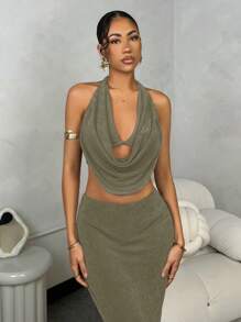 SHEIN BAE Women's Deep Draped Neck Backless Camisole + Tight Low Waist Mini Skirt - Army Green - View 4