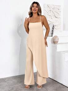 SHEIN Clasi Plus Size Women's Apricot Lace Trim Elastic Waist Flowy Soft Rompers, Suitable For Easter, Music Festival, Summer Outfits, St. Patrick's Day, Rave Outfits, Spring Break, Boho - Apricot - View 3