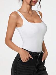 SHEIN PETITE 女款方領無袖露背純色緊身連身衣，適合嬌小身材女性 - 白色 - 查看 7