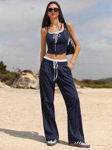 Aveloria GENKIRA Striped Patchwork Punk Romantic Chic Millenial Style Versatile Women Camisole Top With Low Waist Pants 2 Pieces Set - Navy Blue - View 6