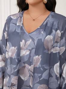 Al Najma Plus Size V-Neck Long Sleeve All-Over Print Top And Casual Dress 2 Pieces Set - Multicolor - View 3