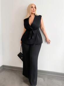 SHEIN SXY Plus Size Women's Black Padded Shoulder Tie-Waist Slim Fit Sleeveless Blazer Vest And Black Straight Leg Pants Suit Set, Suitable For Fall & Winter, White Christmas Eve Costume Party, Date Night, Birthday, Bachelorette Party Outfit, Cute, Casual, Shopping, Streetwear, Going Out, Easy To Match & Looks Slim, Accent Your Body, Flatter The Figure - Black - View 3