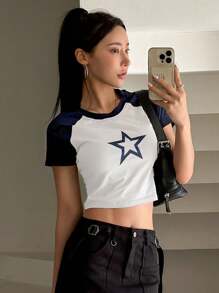DAZY Star Print Raglan Sleeve Crop Tee Y2k - Blue and White - View 7