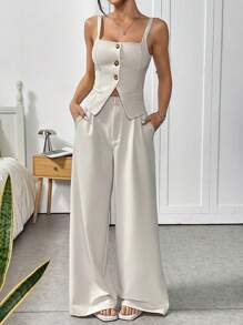 SHEIN EZwear Damskie spodnie garnitury eleganckie 2-częściowe zestawy kwadratowy dekolt guziki bez rękawów marynarka kamizelka topy i szerokie nogawki spodnie zestawy, ubrania robocze damskie