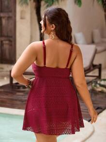 Swim Vcay Plus Size Women 1pc Solid Color V-Neck Elegant Sexy One-Piece Swimdress, Suitable For Holiday Beach Wear For Summer Beach Vacation - Burgundy - View 2