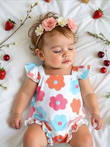 SHEIN Playful Pals BABY GIRL Textured Bodysuit, Colorful Print Decoration Ruffle Trim Sleeves, Necessary For Summer Outdoor - White - View 1