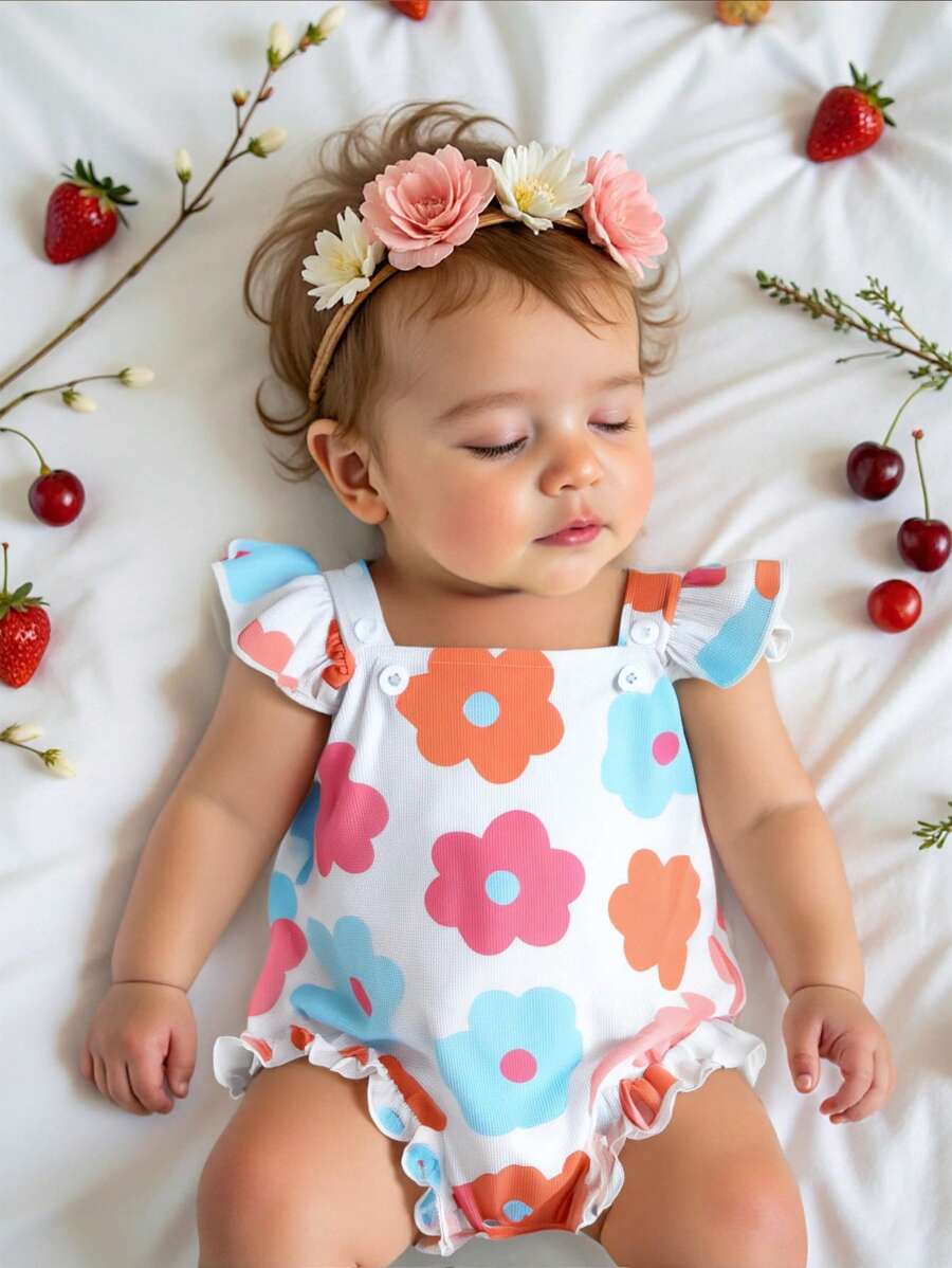 SHEIN Playful Pals BABY GIRL Textured Bodysuit, Colorful Print Decoration Ruffle Trim Sleeves, Necessary For Summer Outdoor - White - View 1