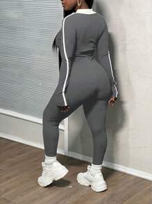 Slaydiva Women's Contrast Color Splice Long Sleeve Jumpsuit - Grey - View 2