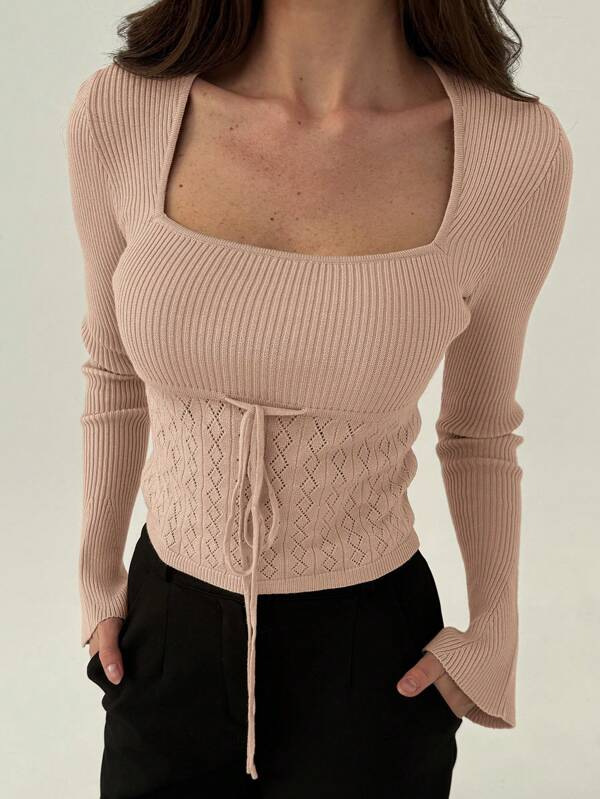 Aloruh Women Casual Solid Color Texture Patchwork Spring Sweater