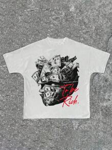 Slaydiva Oversized Casual Rich Money Graphic Round Neck Short Sleeve T-Shirt For Plus Size Women, Suitable For Summer - White - View 1