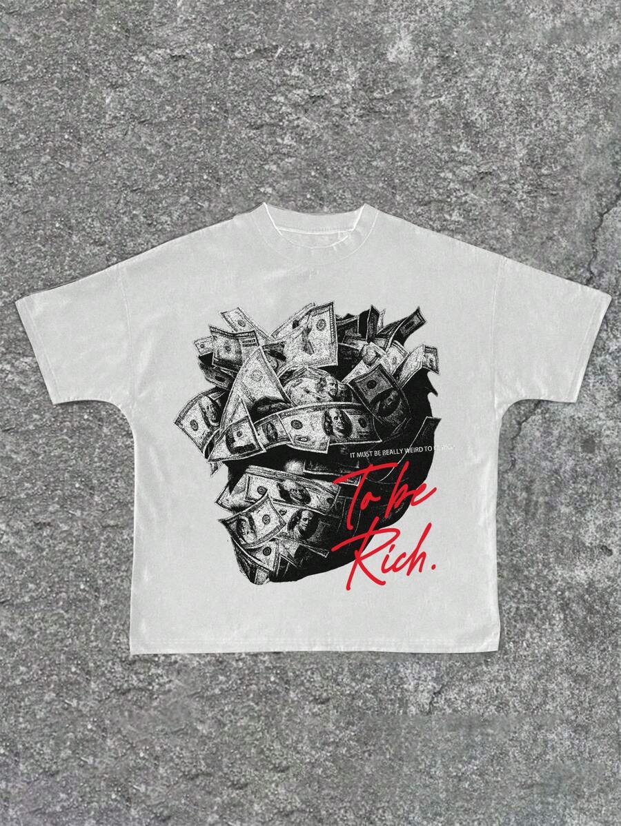 Slaydiva Oversized Casual Rich Money Graphic Round Neck Short Sleeve T-Shirt For Plus Size Women, Suitable For Summer - White - View 1