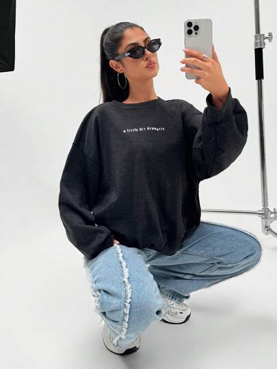 EURMUSE 100%Cotton Letter Graphic Drop Shoulder Sweatshirt
