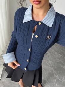 Franclia Fashionable College Style 2 In 1 Patchwork Knit Cardigan Crop Top Fall Winter Cloth For Women