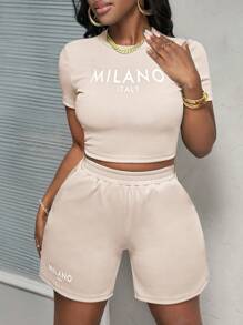 Slaydiva 新款休闲简约基本款春夏圆领短袖米兰短款T恤+四分裤运动裤蓝色纹理面料女款两件套A款夏季套装 - 杏色 - 查看 6