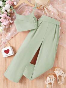 2件套少女度假雪纺吊带背心和裤子套装