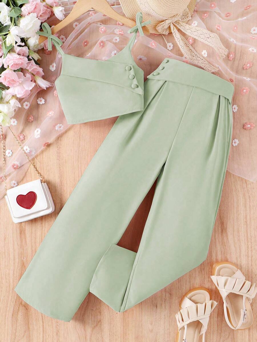 2件套少女度假雪纺吊带背心和裤子套装