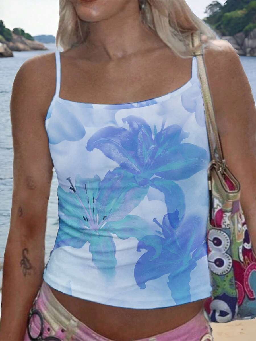 SHEIN EZwear 女士休闲全花卉印花性感吊带背心，适合夏季 - 彩色 - 查看 1