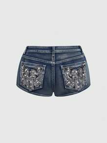 ROMWE Avant Vintage Millennium Punk Stil gestickte Pistole Grafik kurze sexy Denim Shorts in Große Größen