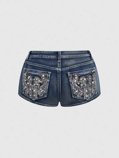 ROMWE Avant Vintage Millennium Punk Style Embroidered Handgun Graphic Short Sexy Plus Size Denim Shorts