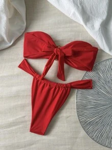 Swim Vcay 女士春假夏季纯色金属露肩抹胸上衣和丁字裤比基尼套装，性感泳装