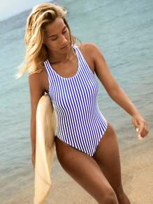 Swim SPRTY Women Summer Sleeveless Criss-Cross Backless Striped Printed Casual One Piece Swimsuit Beach Outfit