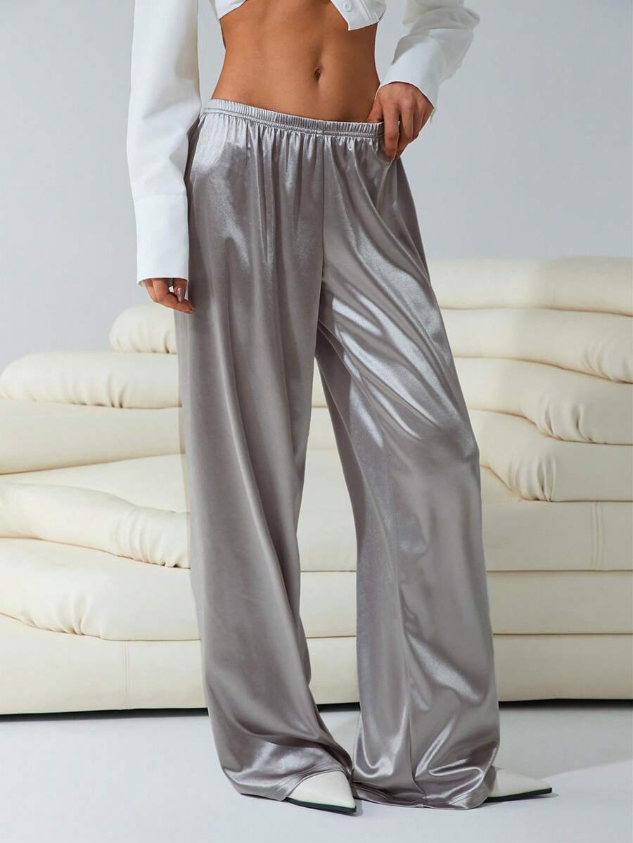 Muchica Solid Color Wide Leg Pants, Suitable For Everyday Wear, Spring And Autumn Seasons - Silver - View 1