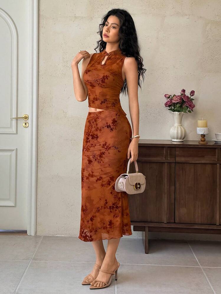 EastFlair Camiseta de mujer con diseño ajustado de malla con flores y botones a presión - Multicolor - Añade 5