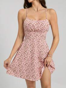 SHEIN Tall Floral Printed Cross Lace-Up Backless Cami Dress, Summer