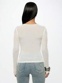 SUMWON WOMEN 基本款长袖网眼上衣分层基本款秋冬春季透明修身家居服轻便圆领休闲百搭经典款 - 白色 - 查看 2