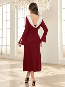 Modelyn 女士拼色露背修身迷你连衣裙长款晚礼服 - 酒紅色 - 查看 3